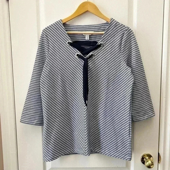 Northern Reflections Top  V-Neck Nautical Tie Front Blue White Stripes Medium - Picture 3 of 15
